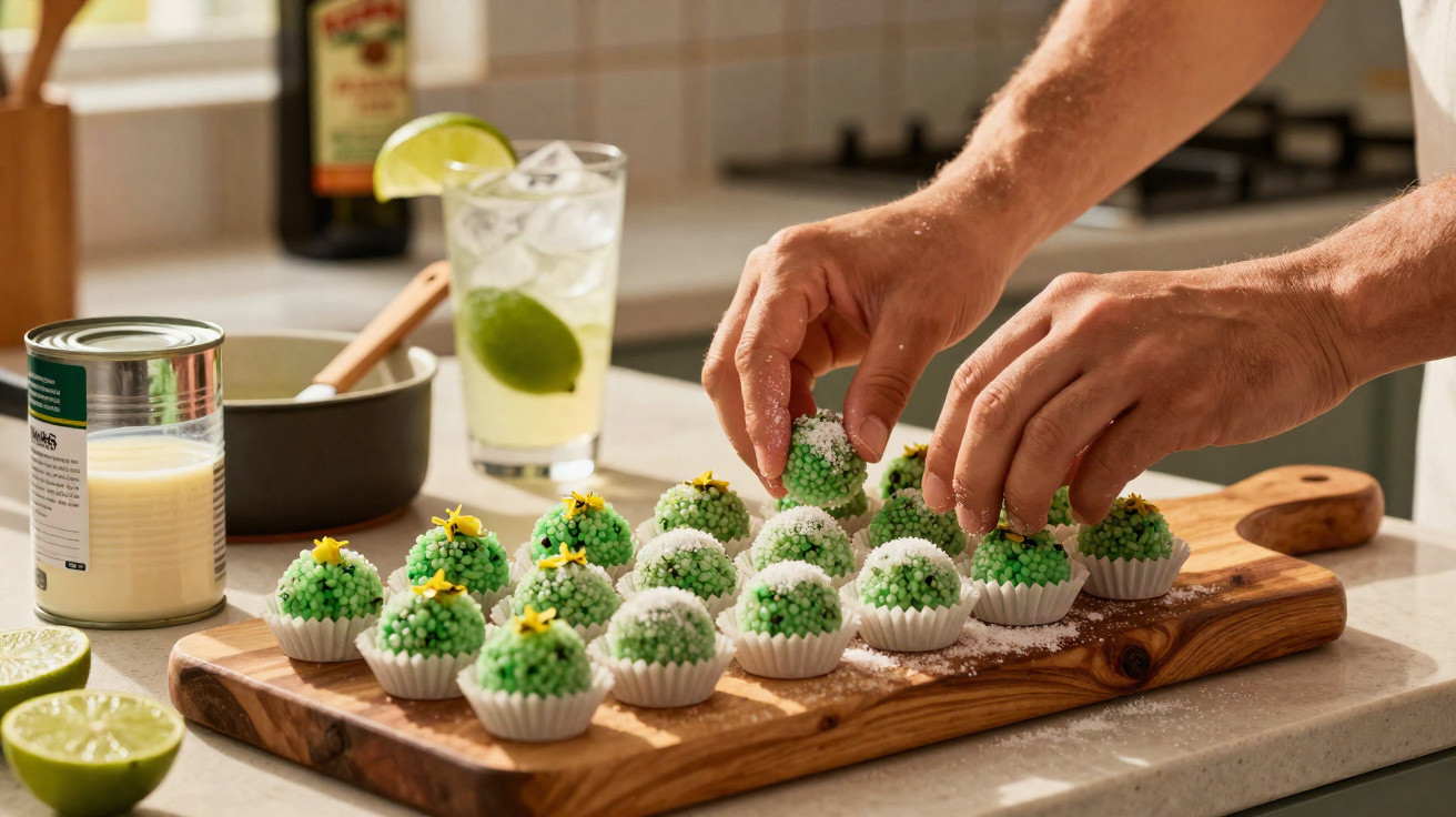 Mãos a decorar brigadeiros verdes com açúcar numa tábua de madeira numa cozinha iluminada.