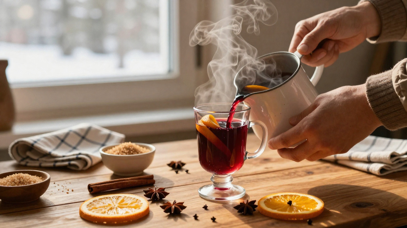 Pessoa a servir chá quente com especiarias e fatias de laranja numa mesa de madeira.