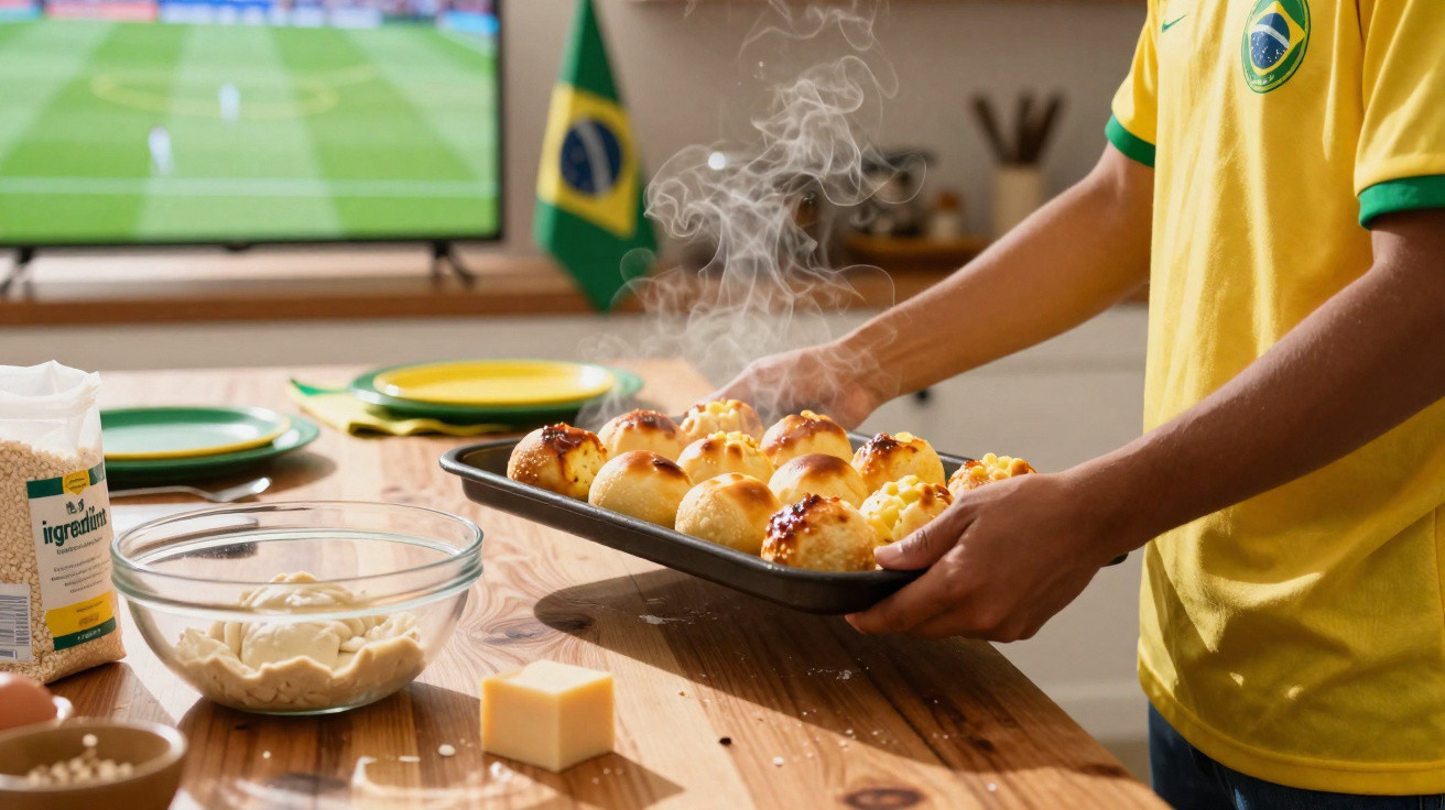 Pessoa a tirar pão de queijo quente do forno, com televisão a mostrar jogo de futebol ao fundo, e bandeira do Brasil.