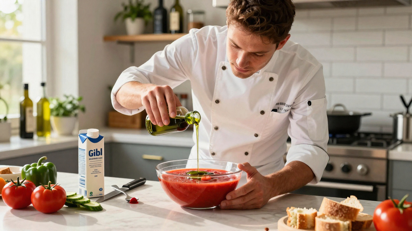Homem a preparar sopa de tomate, a verter azeite numa tigela na cozinha moderna.