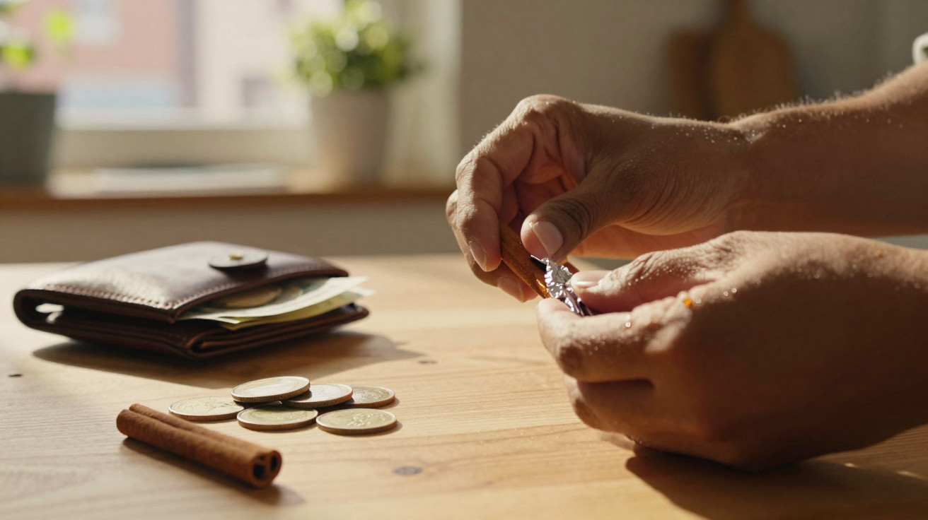 Mãos a abrir embalagem com palitos de canela sobre mesa com moedas e carteira em superfície de madeira.