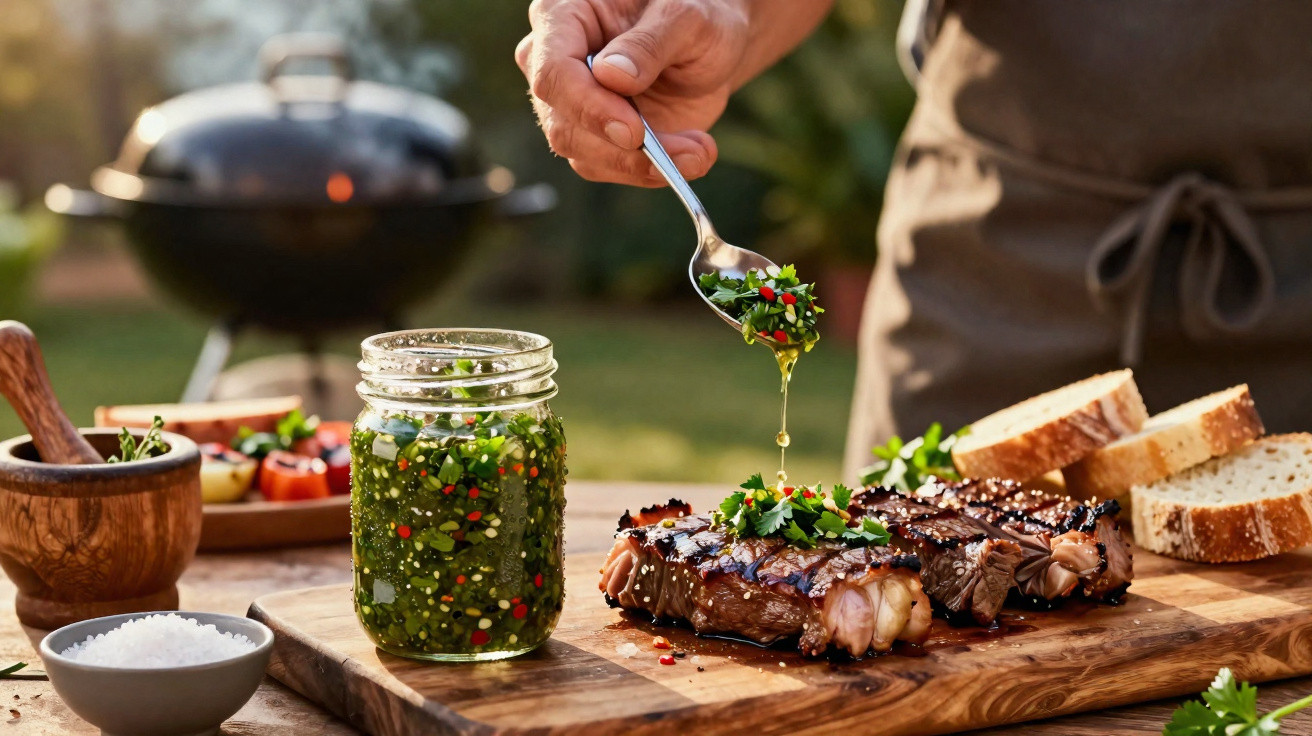 Pessoa a temperar bife grelhado com molho chimichurri, com pão e ingredientes numa mesa de madeira.