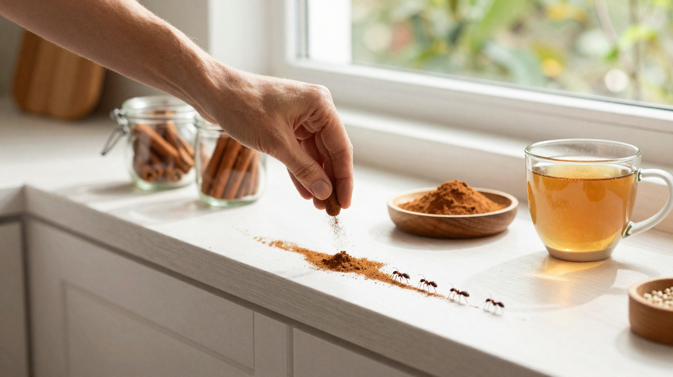 Mão a espalhar canela em pó num balcão com formigas, chá numa chávena e paus de canela em frascos.