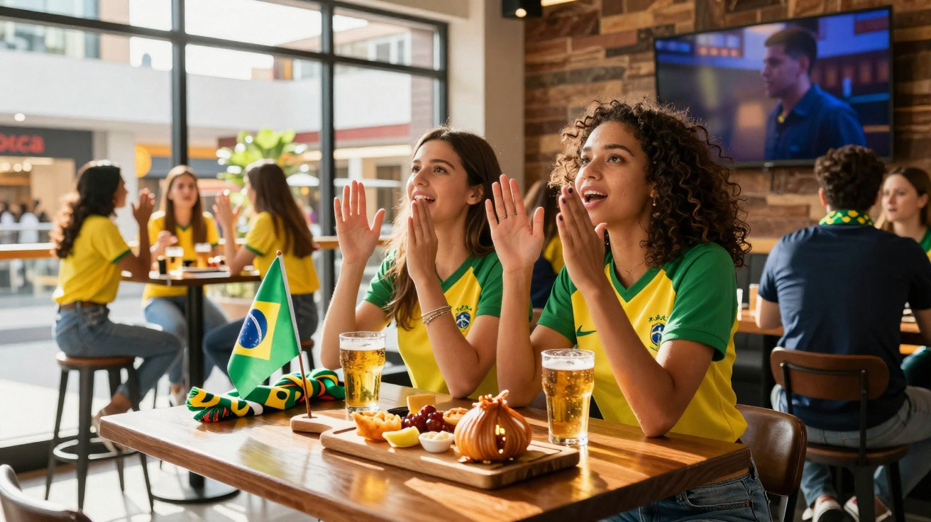 Jovens fãs de futebol com camisolas do Brasil celebram jogo num bar com petiscos e bebidas.