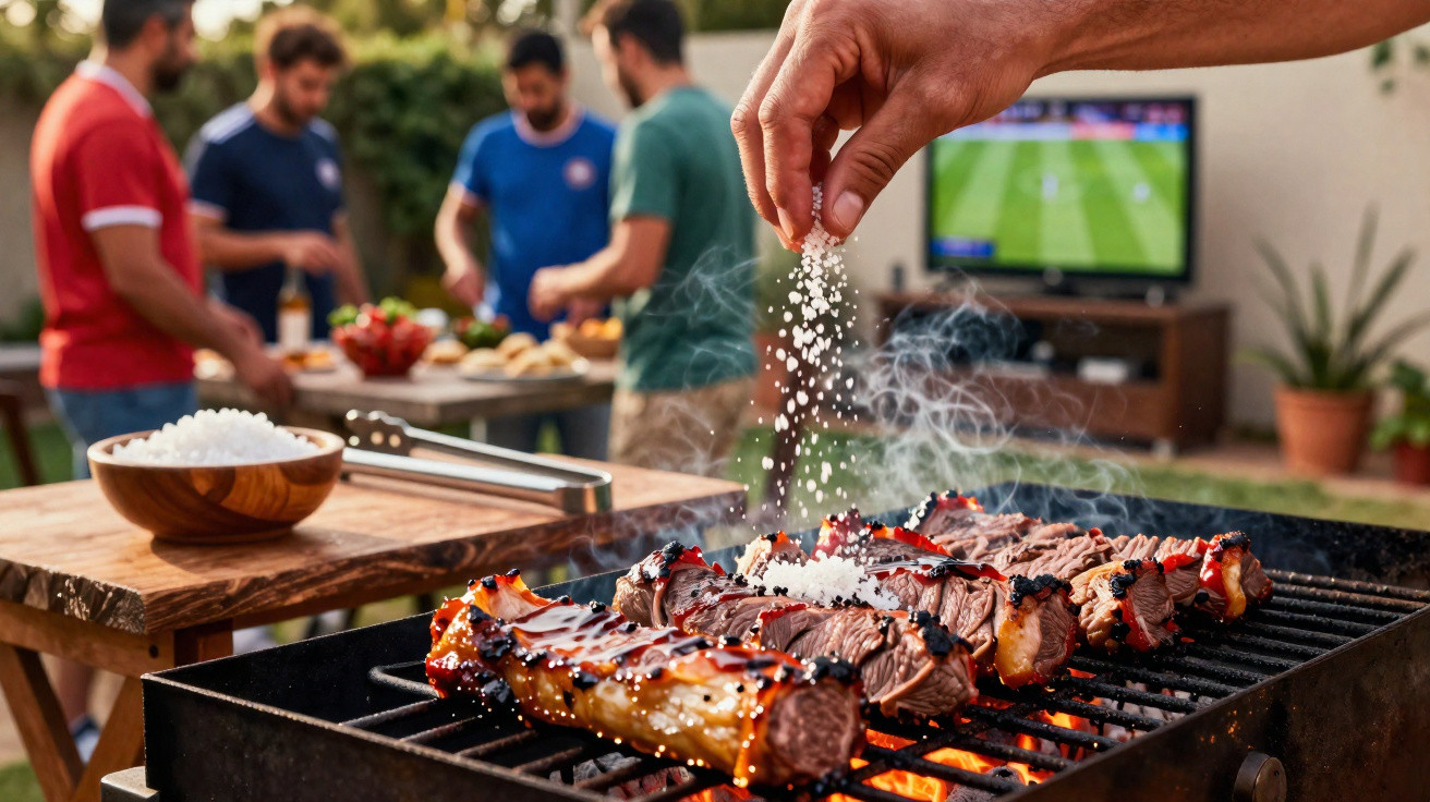 Espetos de carne a grelhar com sal a ser polvilhado, homens a socializar junto ao churrasco no jardim.