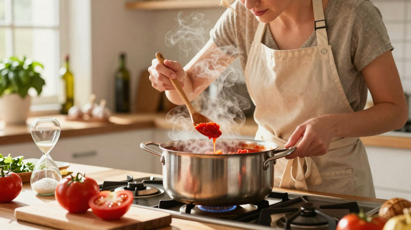 Pessoa a cozinhar molho de tomate numa panela com vapor a sair, numa cozinha iluminada e moderna.
