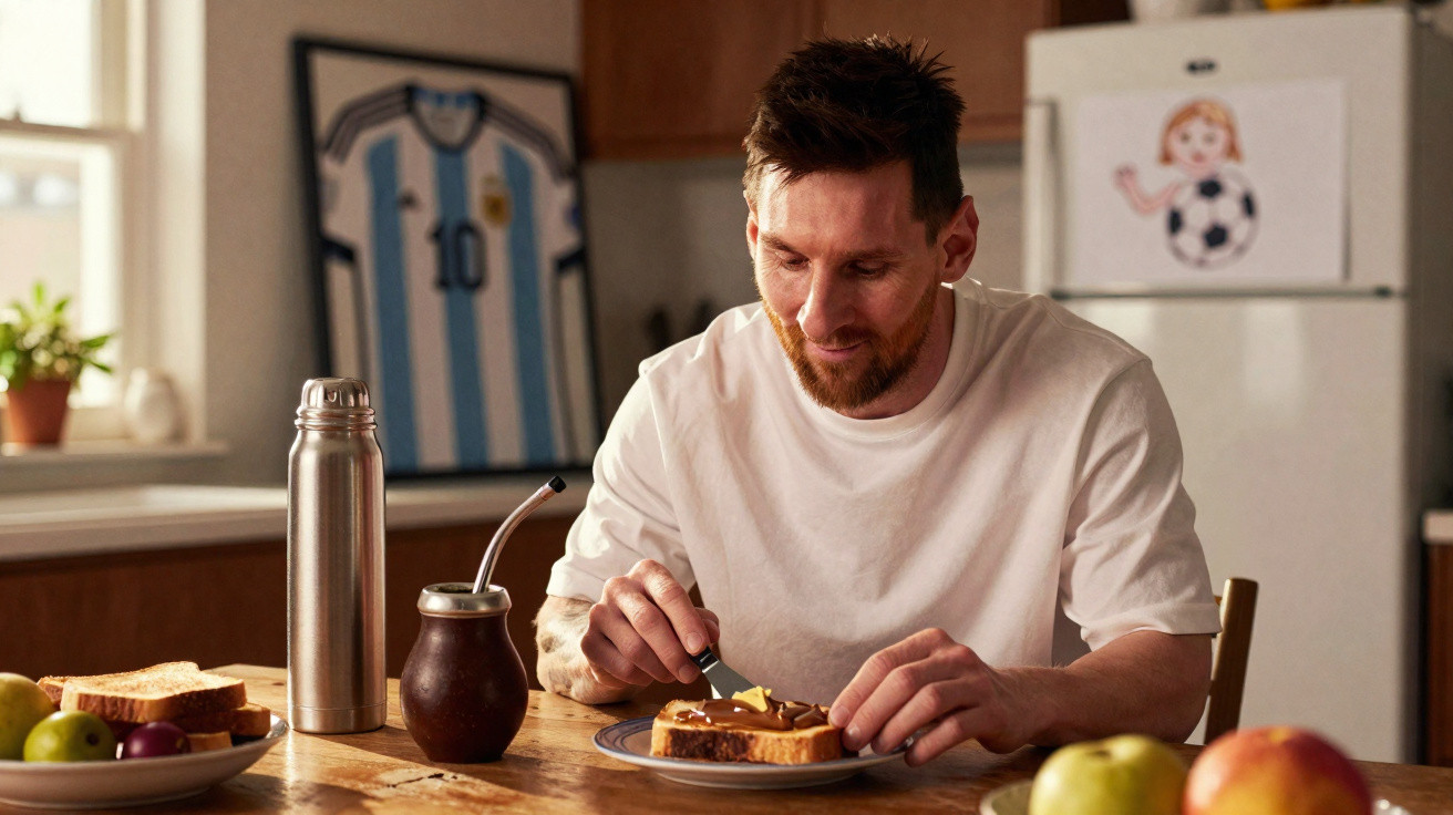 Homem com camiseta branca sentado a comer torrada com manteiga numa mesa de cozinha luminosa.