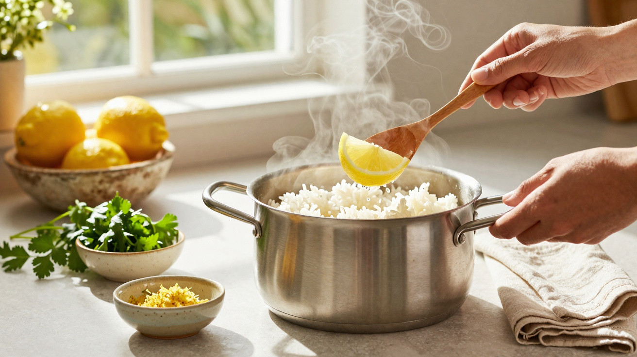 Mãos a colocar fatia de limão em arroz branco quente numa panela de inox, com limões e ervas à volta.