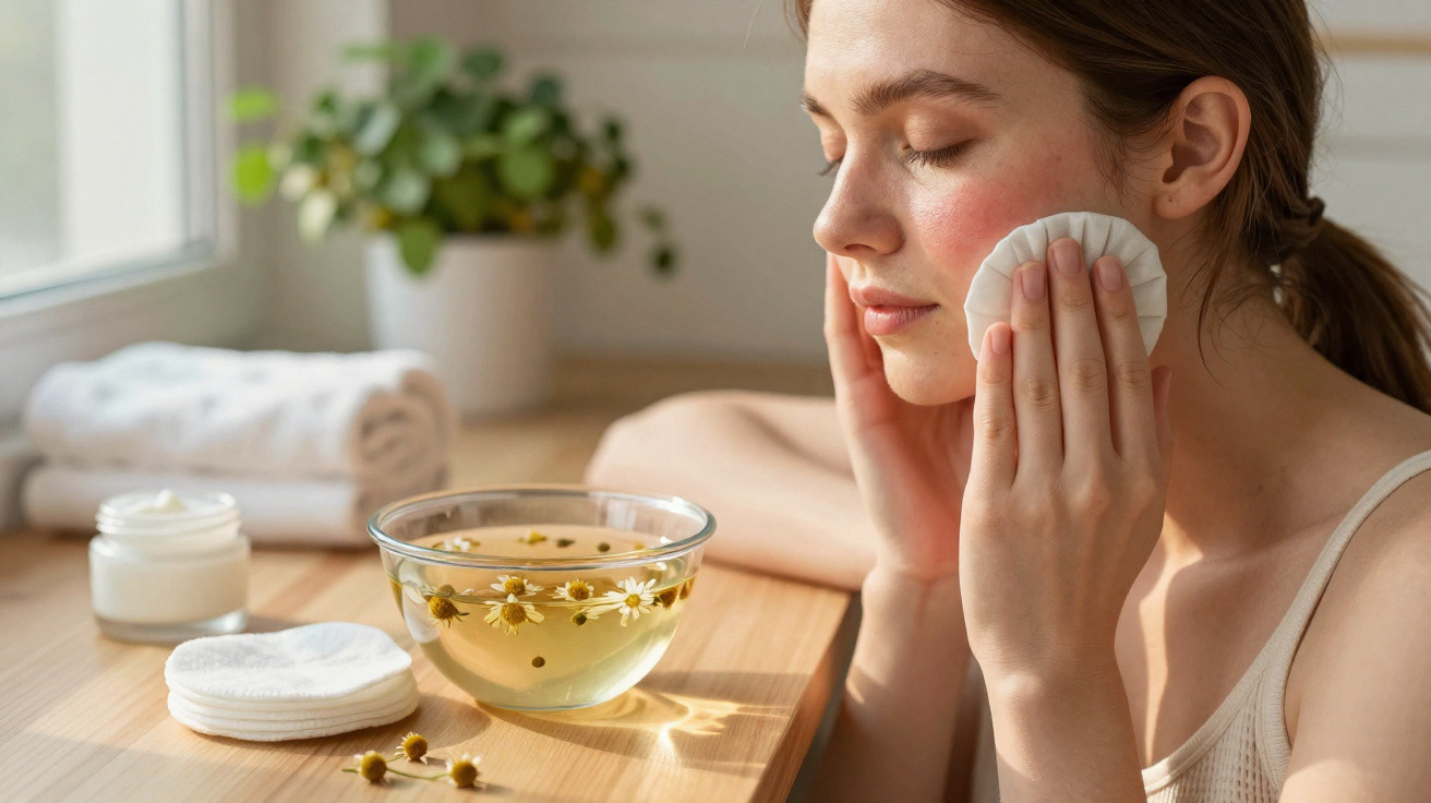 Mulher a limpar o rosto com disco algodão, chá de camomila e creme em ambiente relaxante.