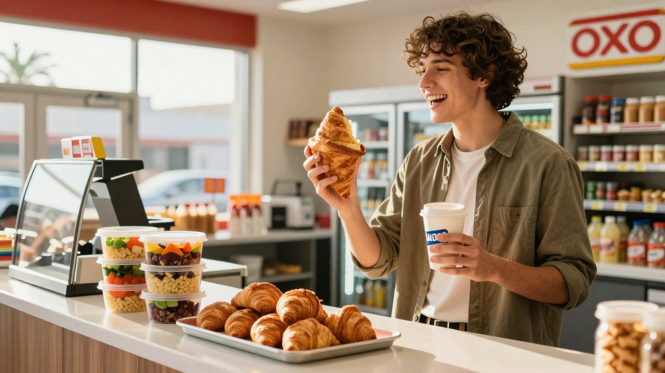 Jovem sorridente segura croissant e copo de café numa pastelaria moderna com produtos variados à venda.