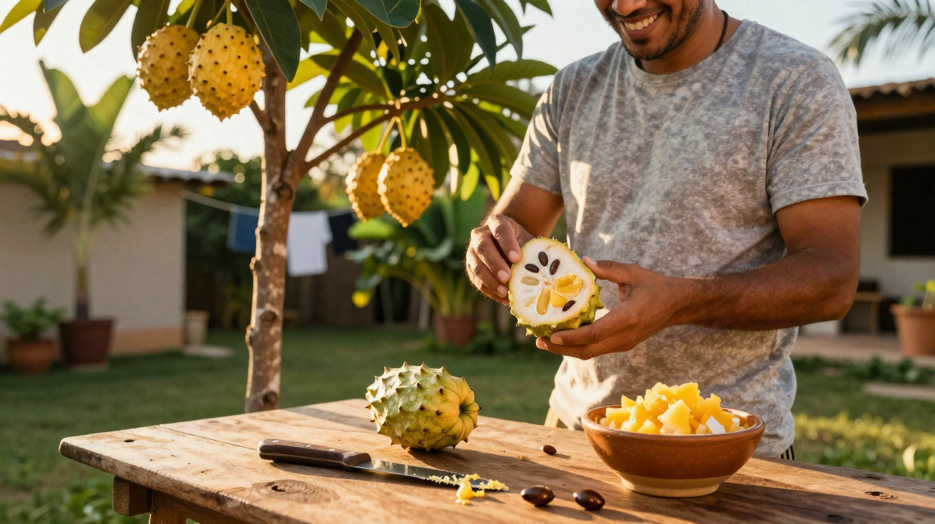 Homem sorridente a cortar fruta exótica amarela numa mesa de madeira no jardim.