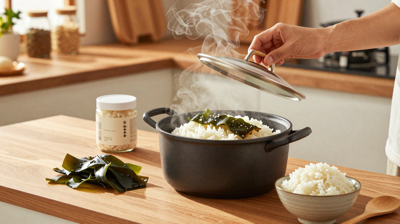Pessoa a levantar tampa de panela com arroz cozido e algas em bancada de cozinha moderna.