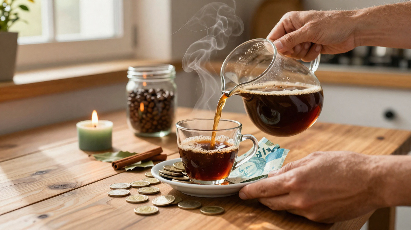 Mão a servir café quente numa chávena de vidro sobre um pires com moedas e notas num ambiente acolhedor.