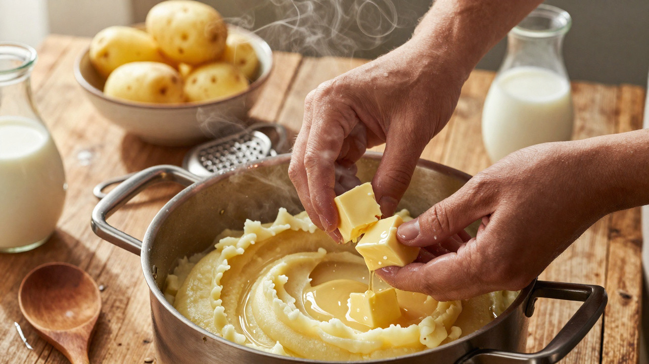 Mãos a adicionar cubos de manteiga a puré de batata fumegante numa panela com batatas, leite e colher de pau à volta.