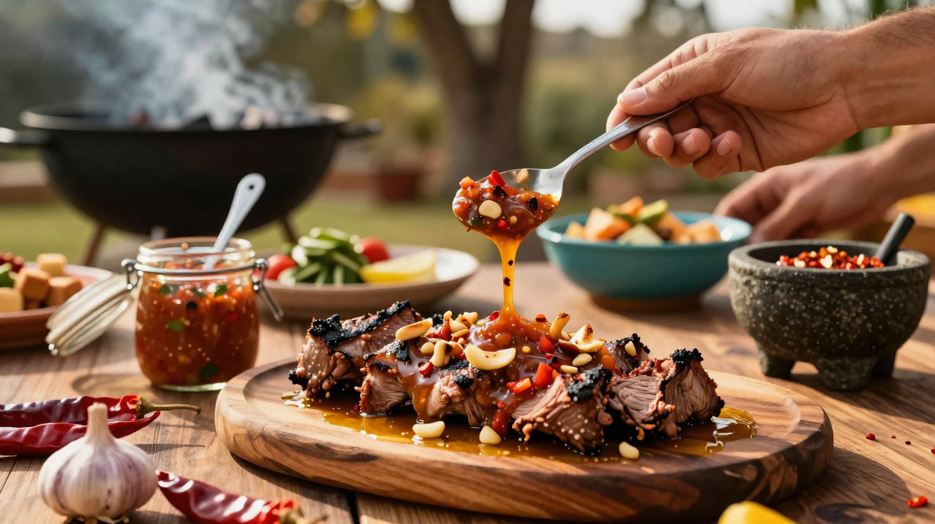 Mão a colocar molho picante em pedaços de carne grelhada com alho e castanhas numa tábua de madeira.