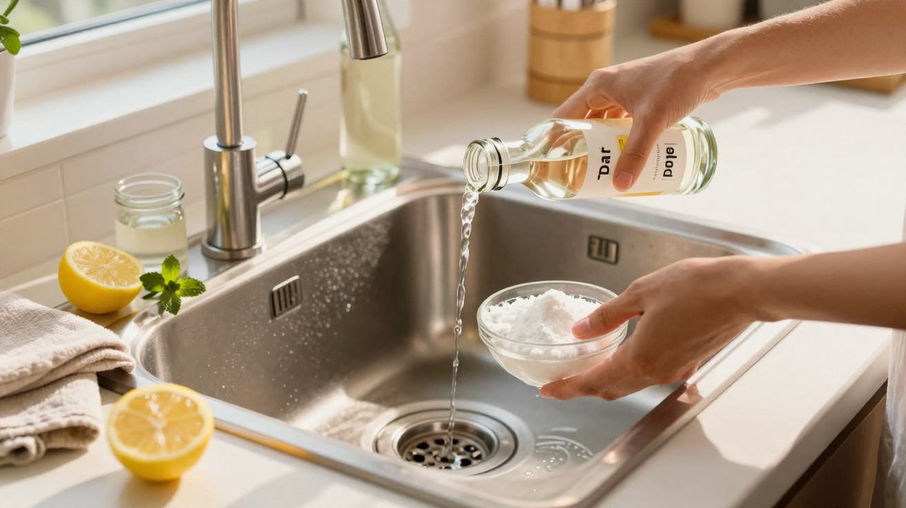 Mãos vertendo vinagre numa taça com bicarbonato de sódio sobre a cuba da cozinha com limões cortados.