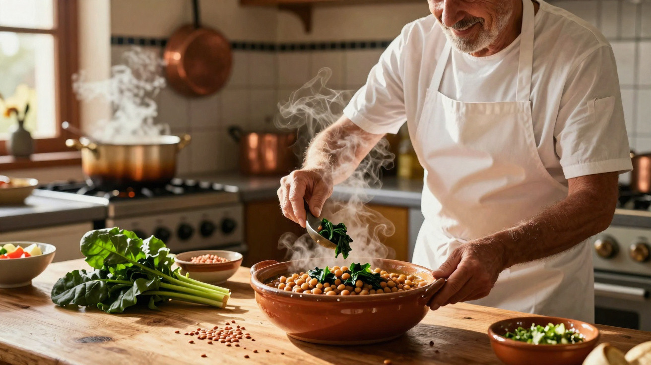 Homem idoso a cozinhar grão-de-bico com espinafres numa tigela grande numa cozinha luminosa.
