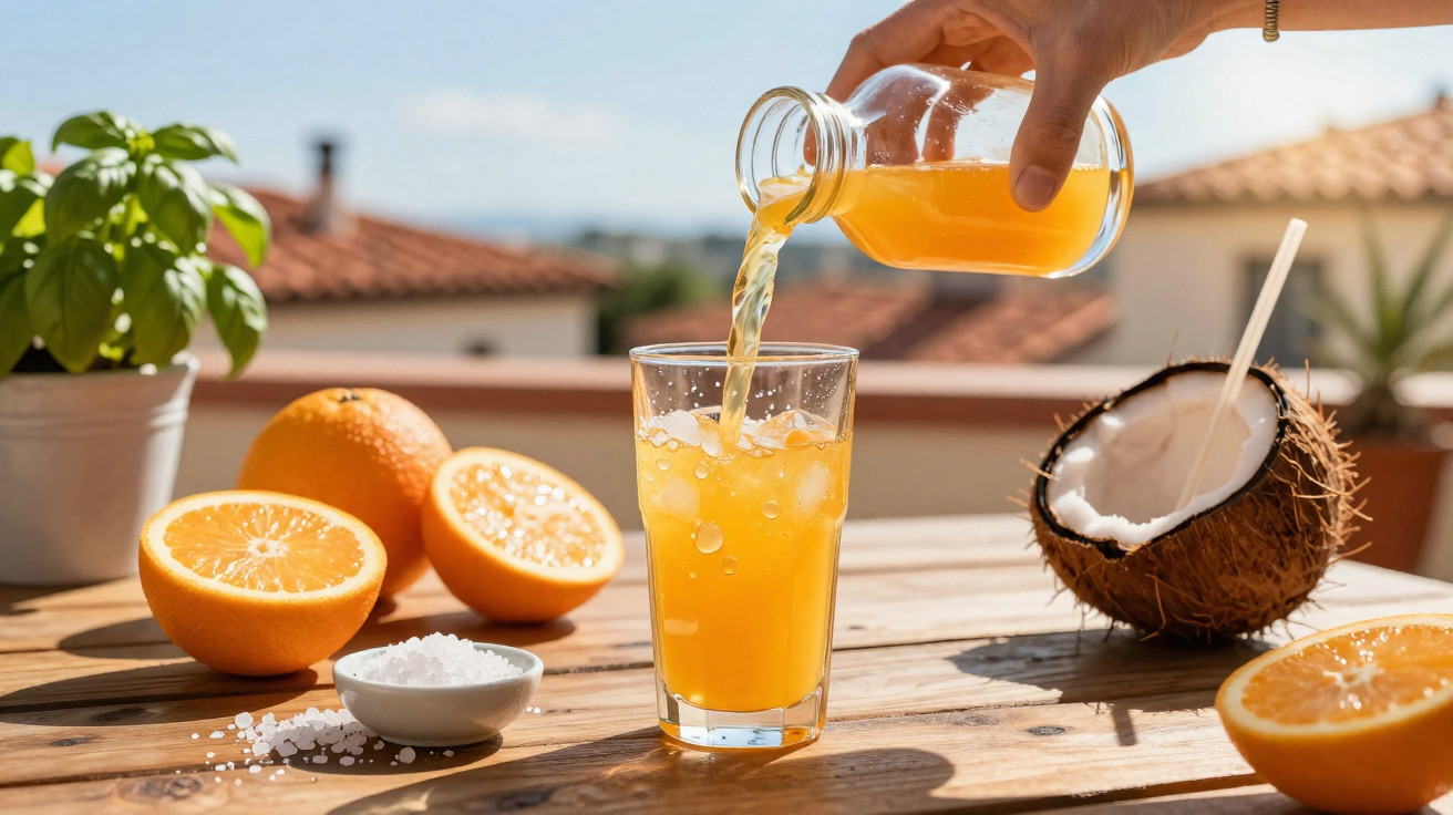 Sumo de laranja a ser servido num copo com gelo, rodeado de laranjas, sal e meio coco numa mesa de madeira.