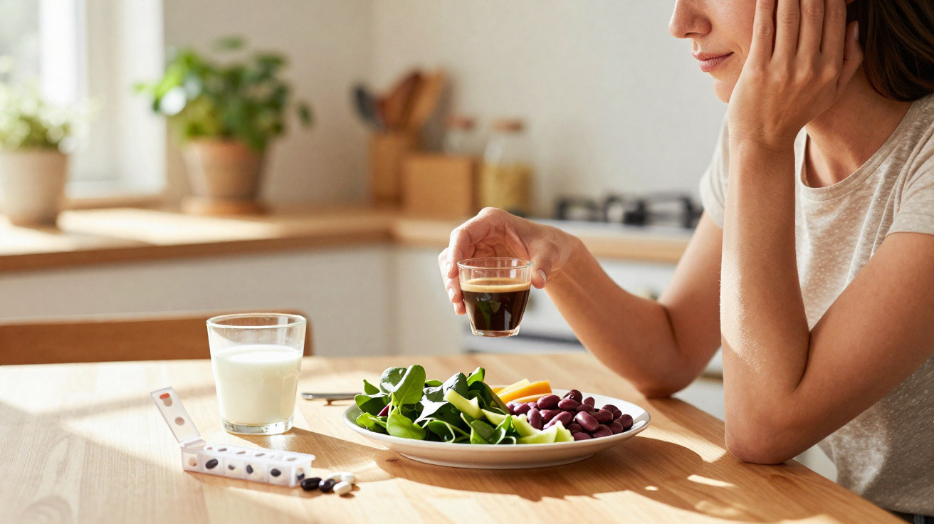 Mulher sentada à mesa com prato de salada, copo de leite e a segurar um café expresso.