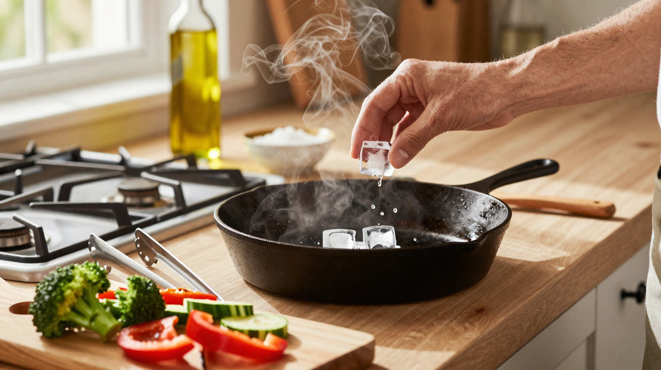 Mão a colocar cubos de gelo numa frigideira quente com vapor, legumes cortados na tábua de madeira.