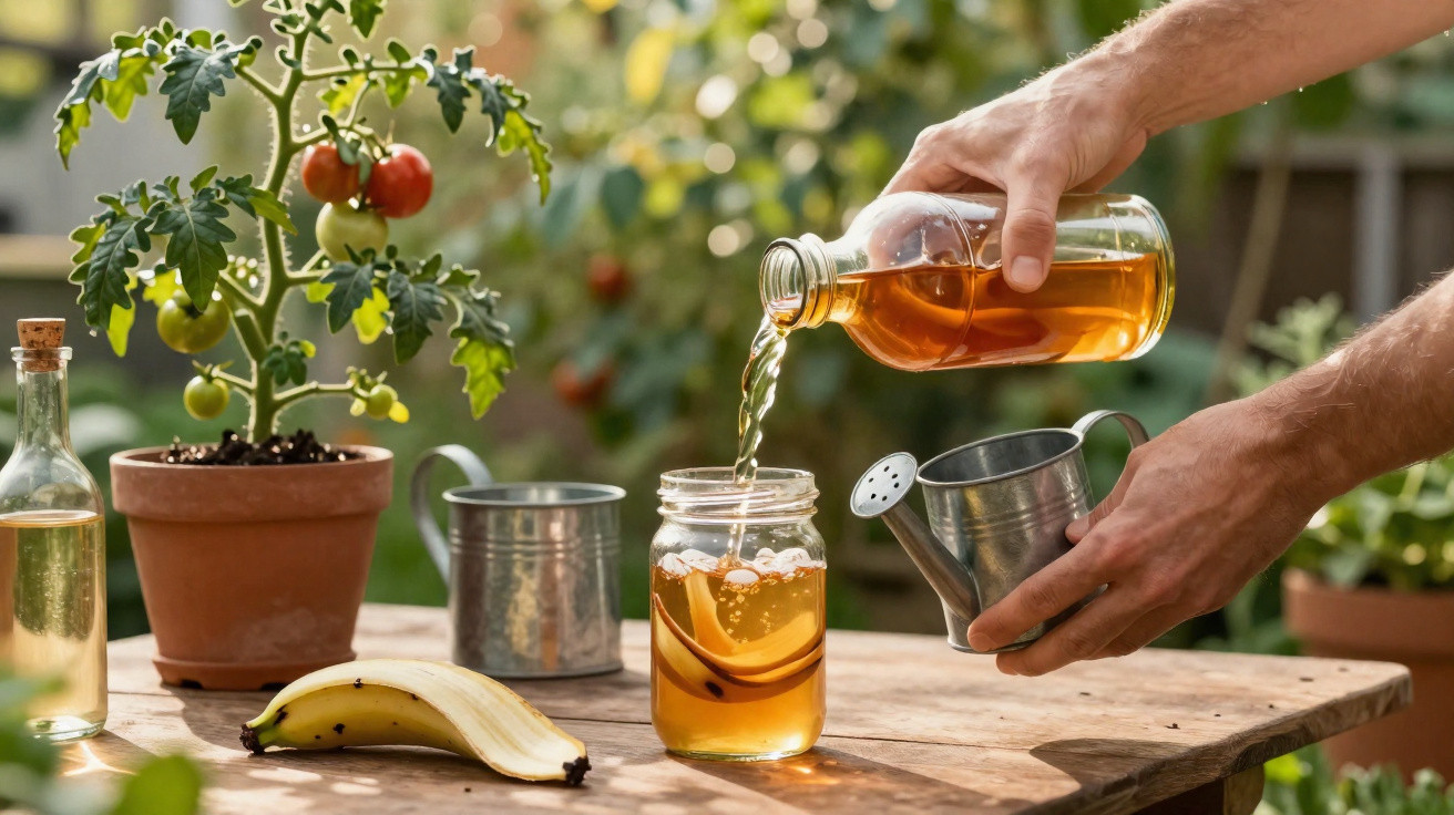 Pessoa a verter líquido âmbar em jarro de vidro ao lado de planta de tomate e banana numa mesa de madeira.