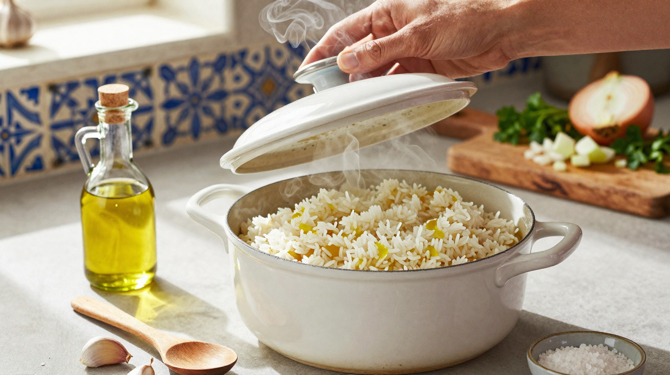 Tampa a ser levantada de panela com arroz fumegante numa bancada de cozinha com óleo, alho e sal.