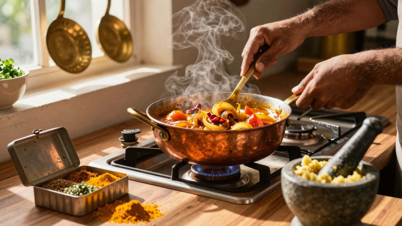 Mãos a mexer um ensopado colorido e fumegante num tacho de cobre ao lume numa cozinha luminosa.