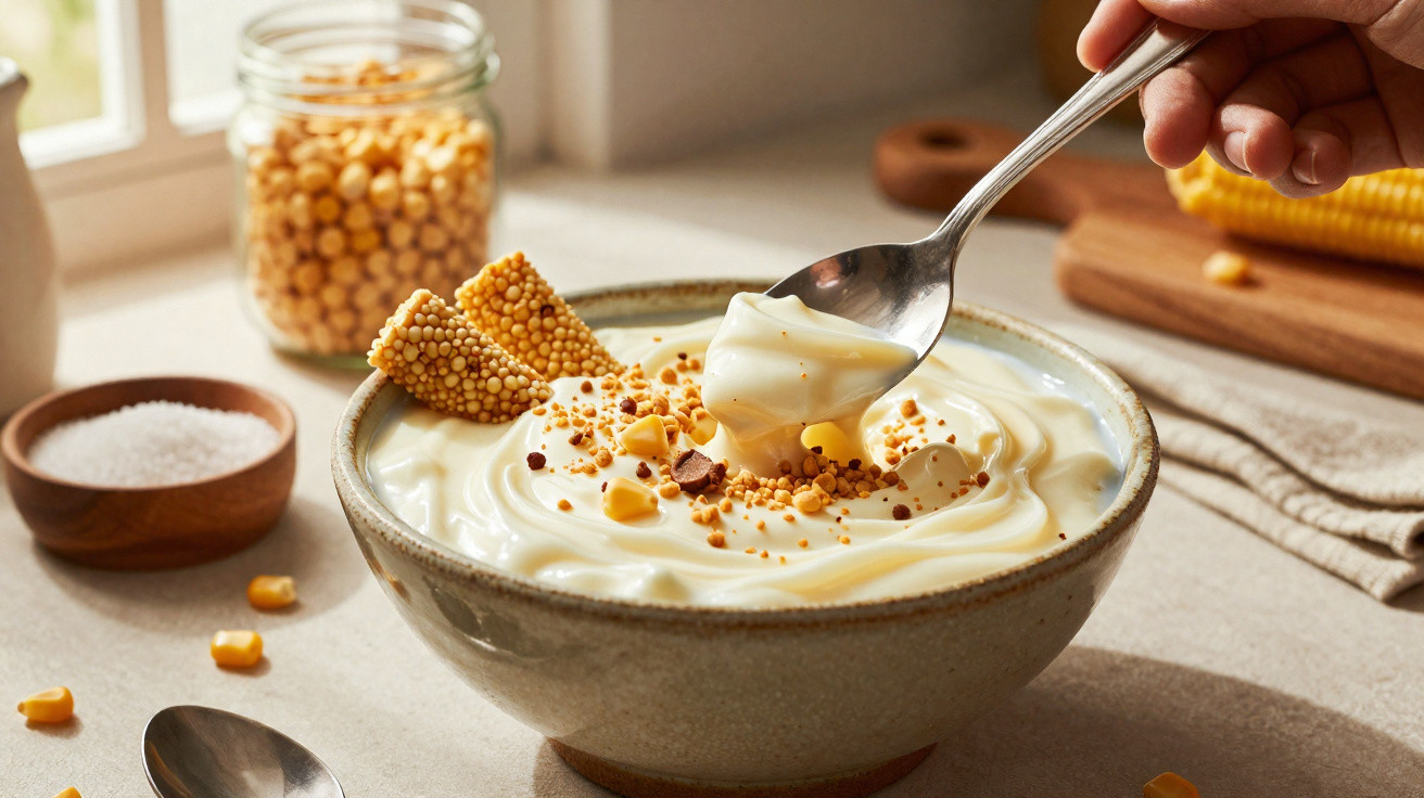 Tigela de iogurte natural com granola e pedaços crocantes, com colher a pegar iogurte.