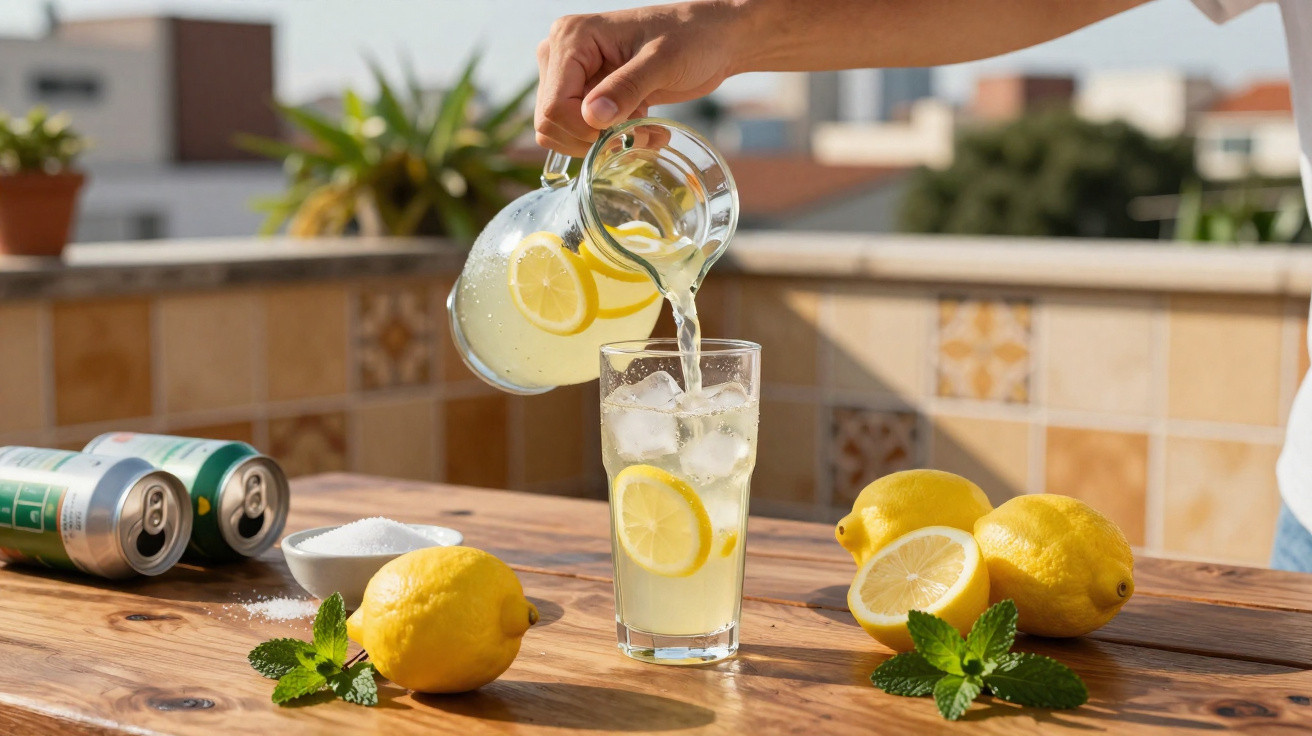 Mão a servir limonada com gelo e rodelas de limão num copo, com limões e hortelã numa mesa de madeira.