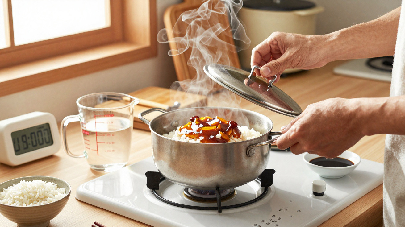 Pessoa a abrir tampa de panela com arroz e molho a vapor numa placa de fogão branco numa cozinha iluminada.