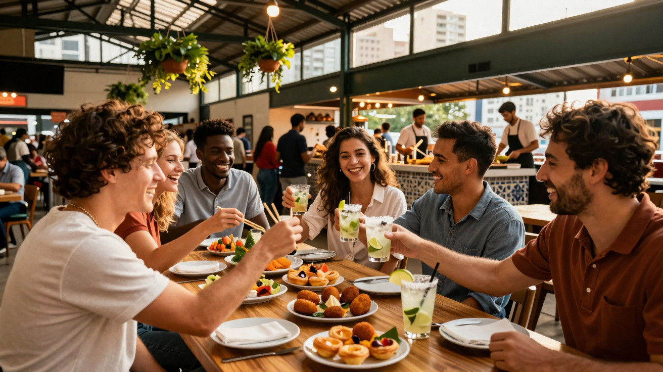 Grupo de amigos a brindar com bebidas num restaurante moderno com pratos variados sobre a mesa.