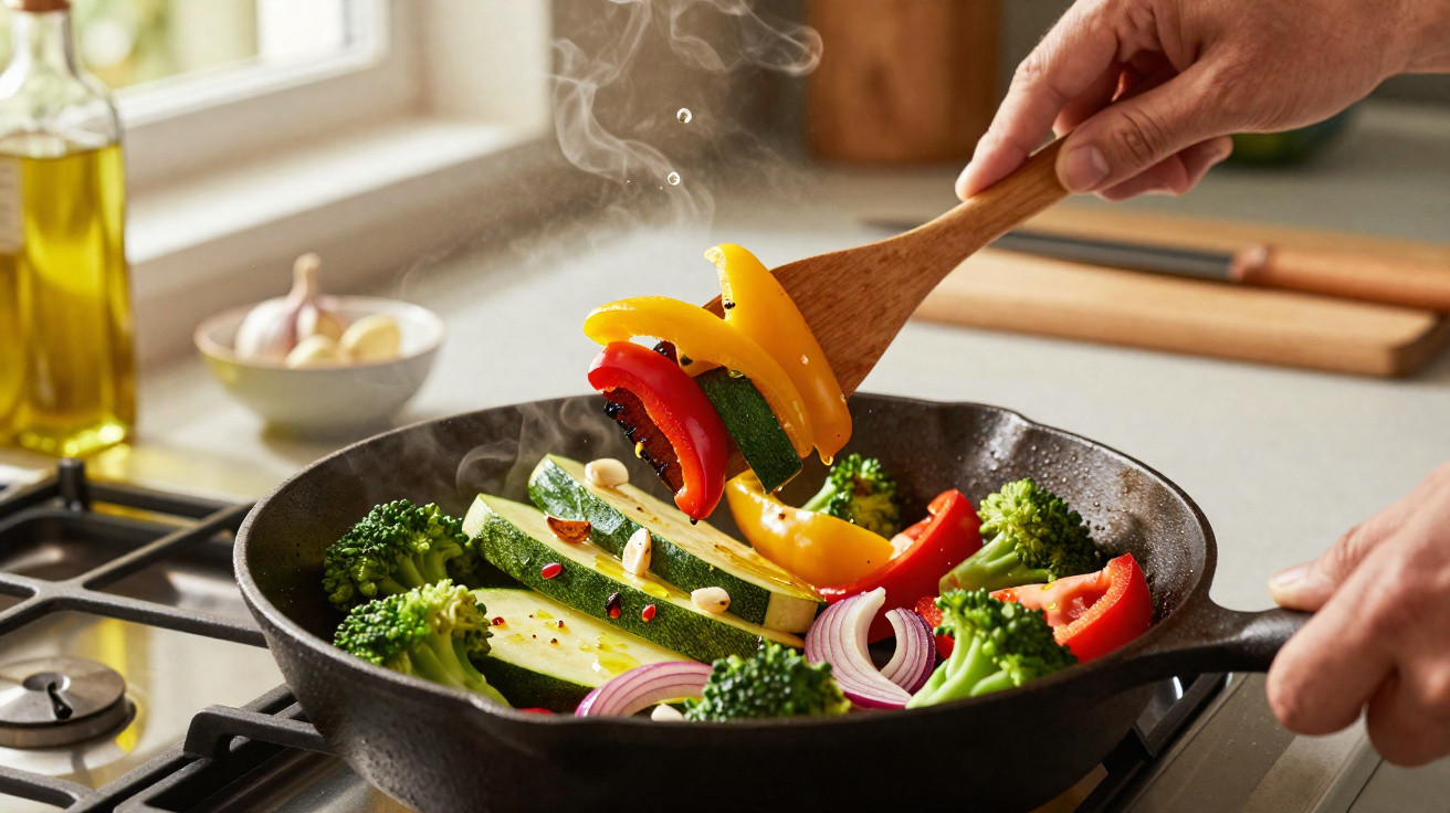 Mãos a cozinhar legumes coloridos numa frigideira preta sobre fogão numa cozinha iluminada.