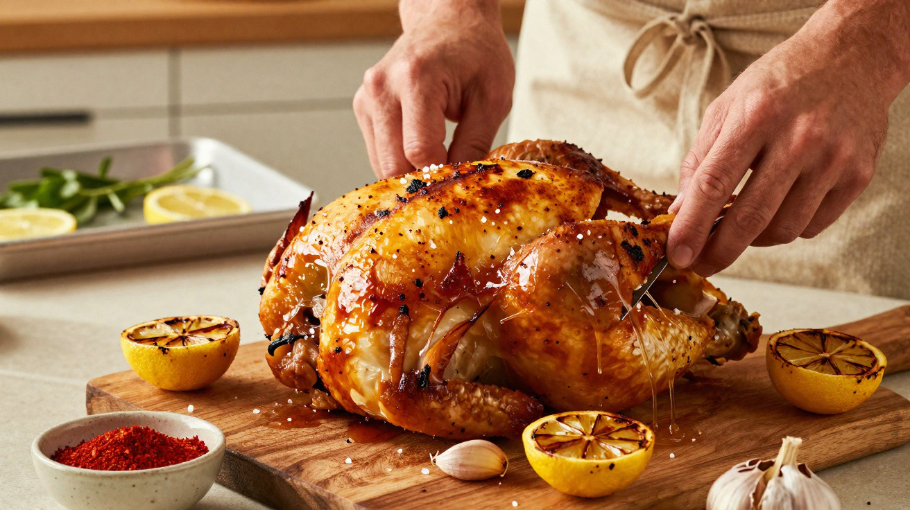 Frango assado dourado numa tábua de madeira com limões grelhados, alho e especiarias à volta.