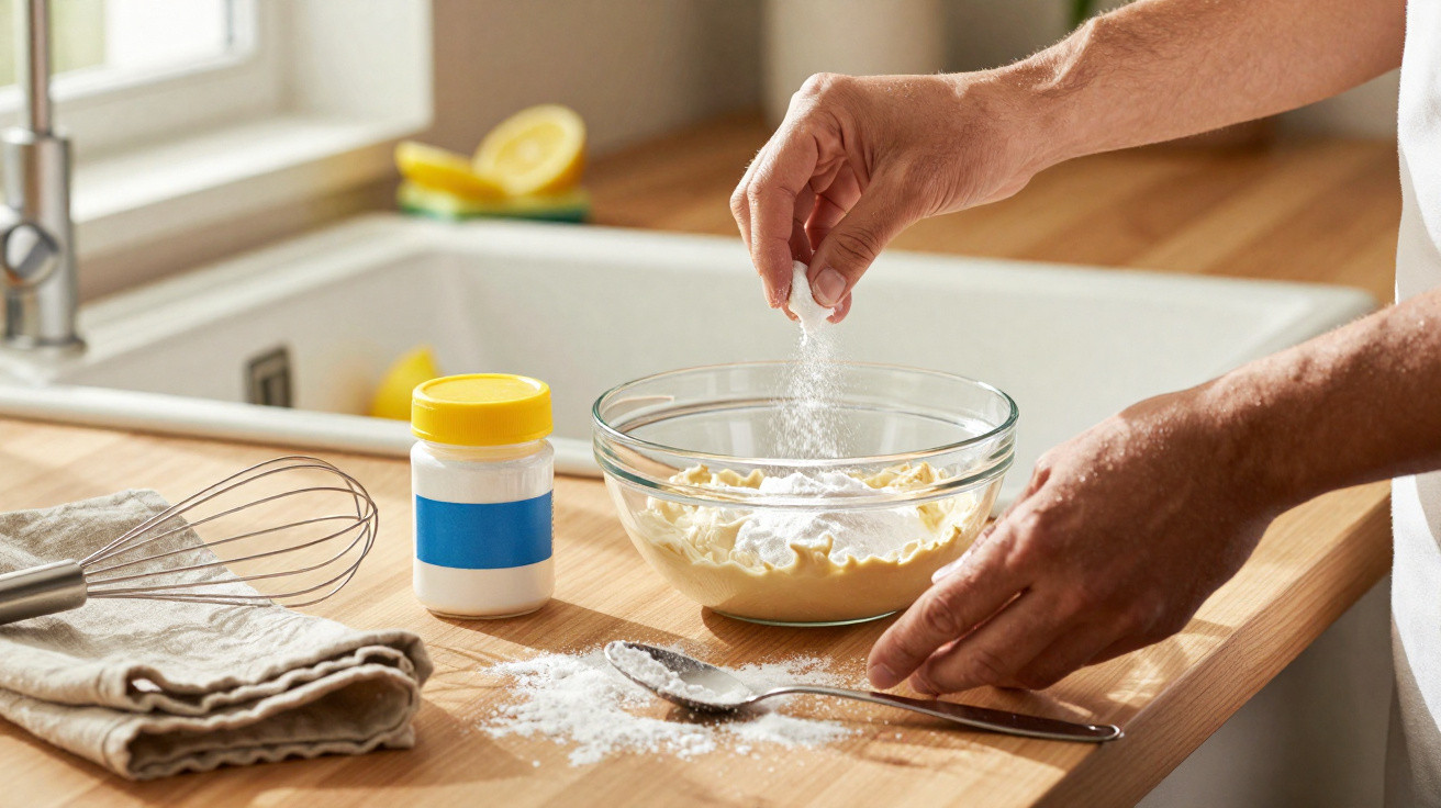 Mãos a polvilhar farinha numa taça com massa sobre bancada de cozinha de madeira.