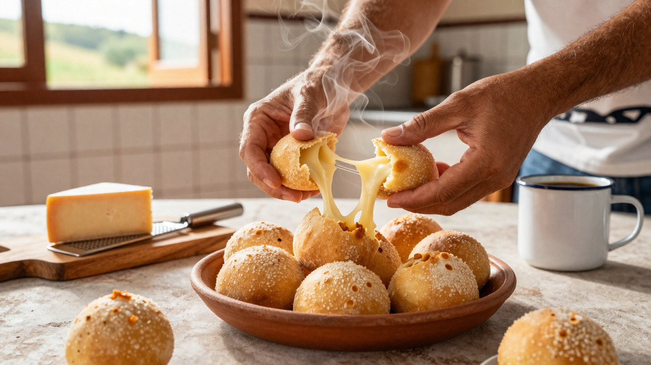 Pão de queijo quente partido ao meio com queijo derretido em prato de madeira na cozinha.