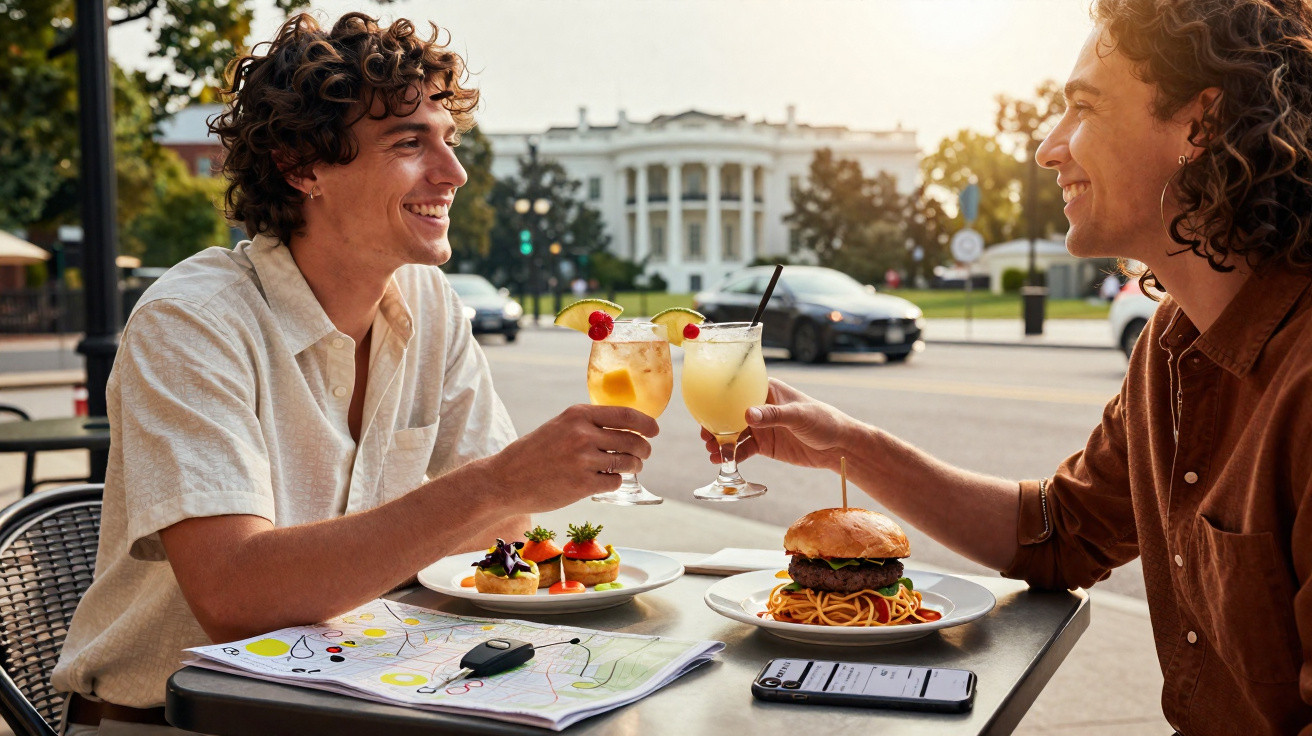 Duas pessoas brindam com cocktails num café ao ar livre, com refeições e o edifício da Casa Branca ao fundo.