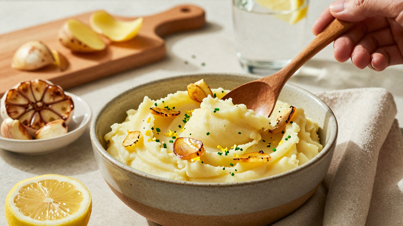 Tigela de puré de batata com alho grelhado e ervas, com mão a mexer com colher de pau.