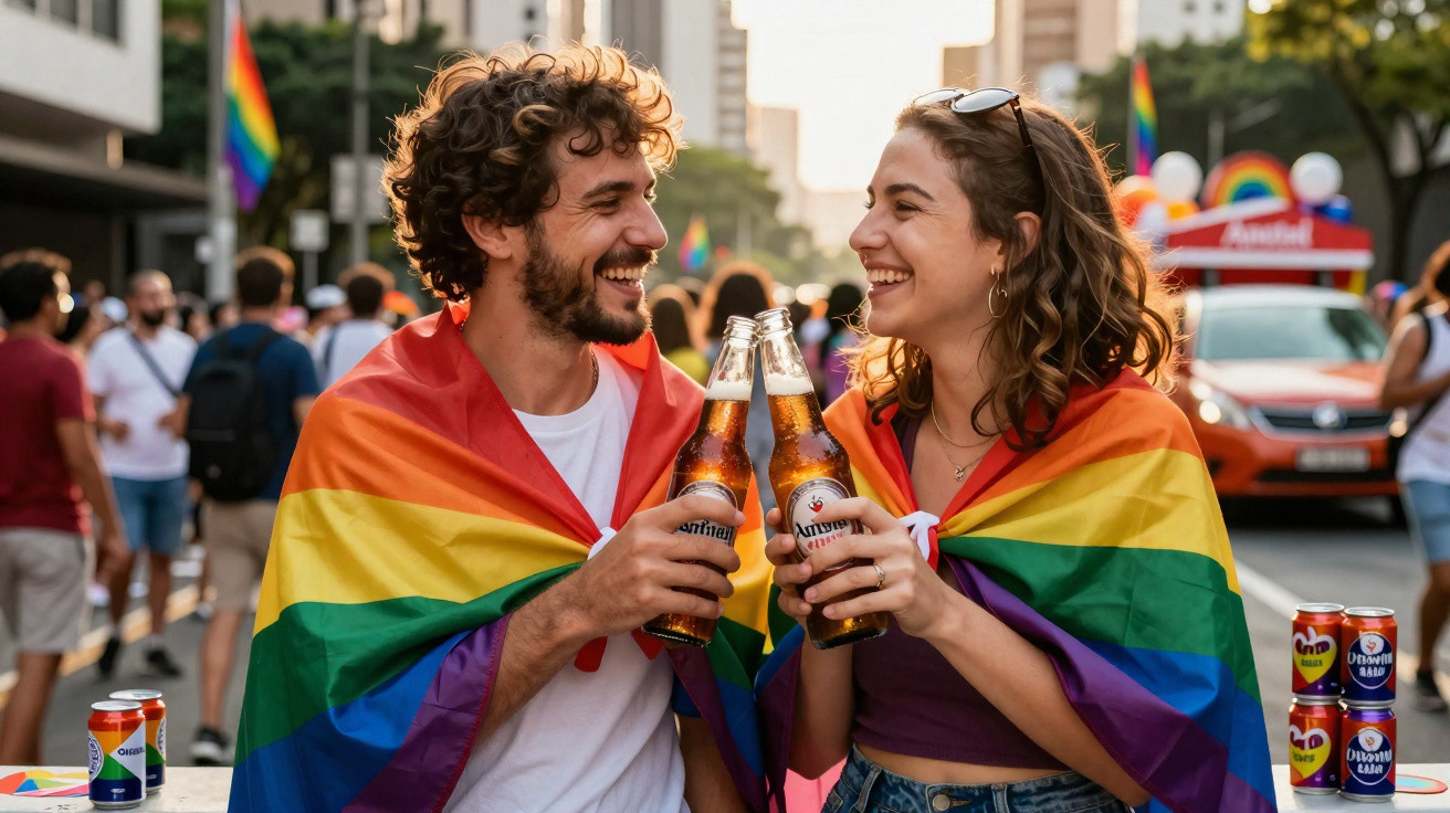 Casal com bandeiras arco-íris a brindar com cervejas numa celebração ao ar livre.