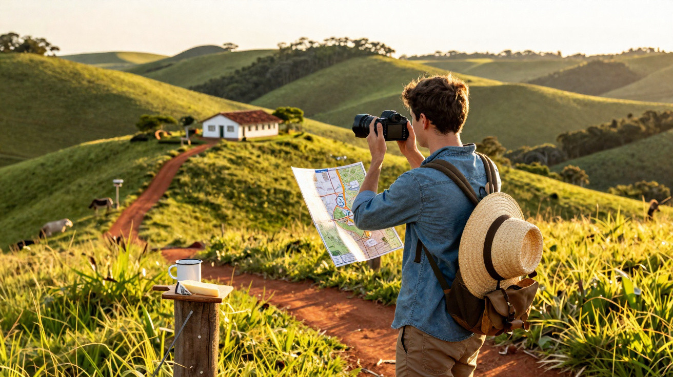 Jovem com mochila, mapa e chapéu, tirando foto de casa branca em colina com caminho rural e vacas.