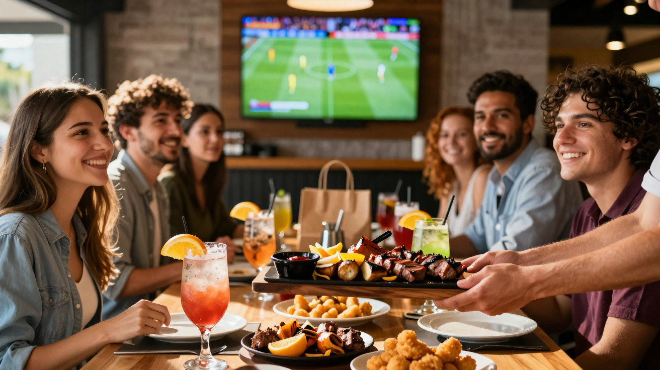 Grupo de amigos a jantar num restaurante com bebidas e snacks, e jogo de futebol na televisão.