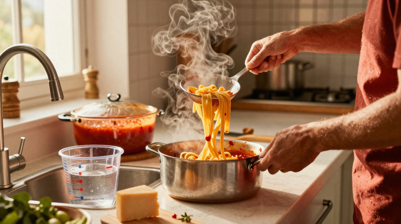 Pessoa a coar massa quente com molho vermelho numa cozinha luminosa.
