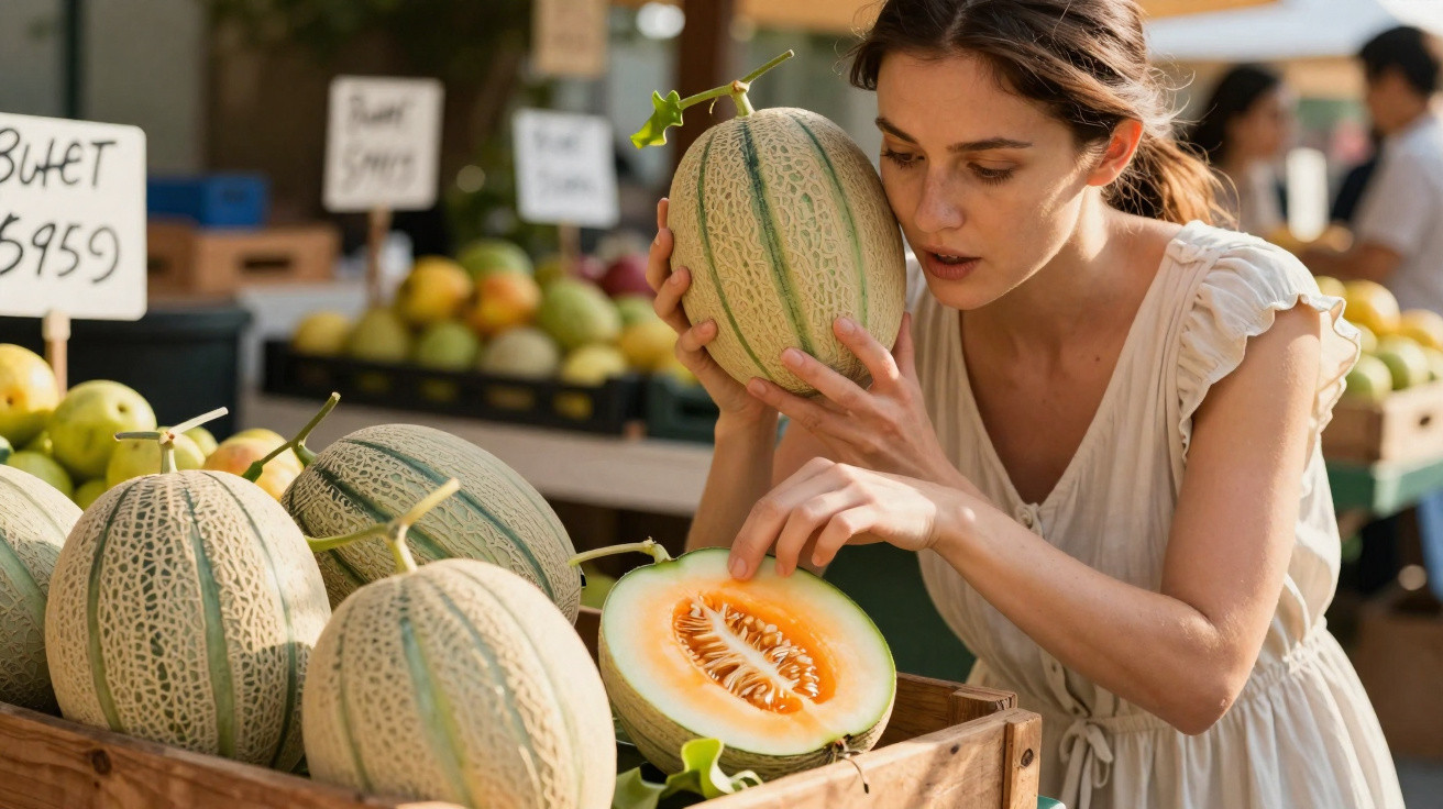 Mulher a segurar um melão cantalupo e a observar uma metade cortada numa feira ao ar livre.