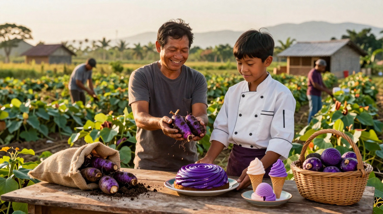 Homem e criança com roupa de chef exibem legumes e doces roxos numa horta ao ar livre ao entardecer.