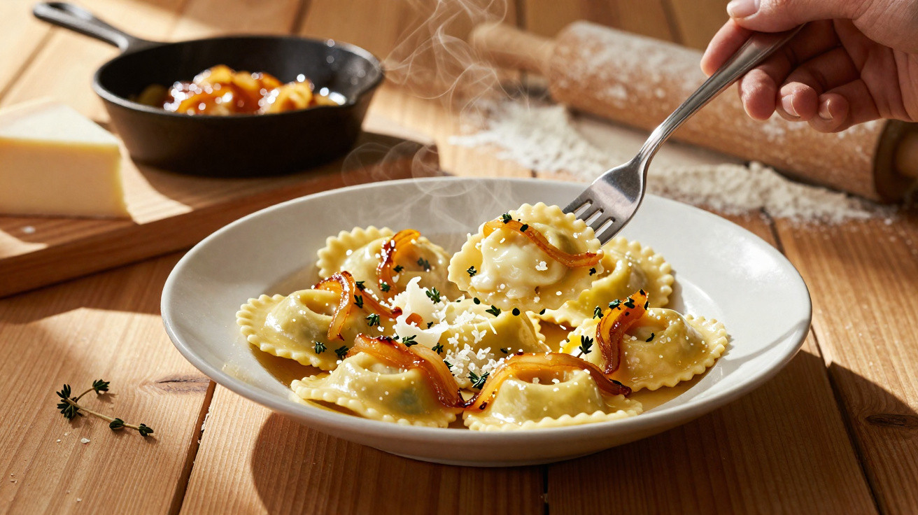 Prato de raviolis fumegantes com cebola caramelizada e ervas, com mão segurando um garfo a pegar um ravioli.