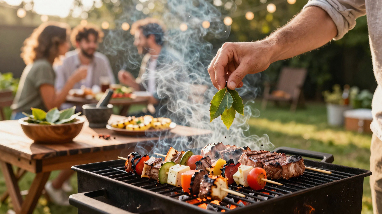 Churrasco ao ar livre com espetadas de legumes e carne a grelhar, e pessoas a desfrutar em fundo desfocado.