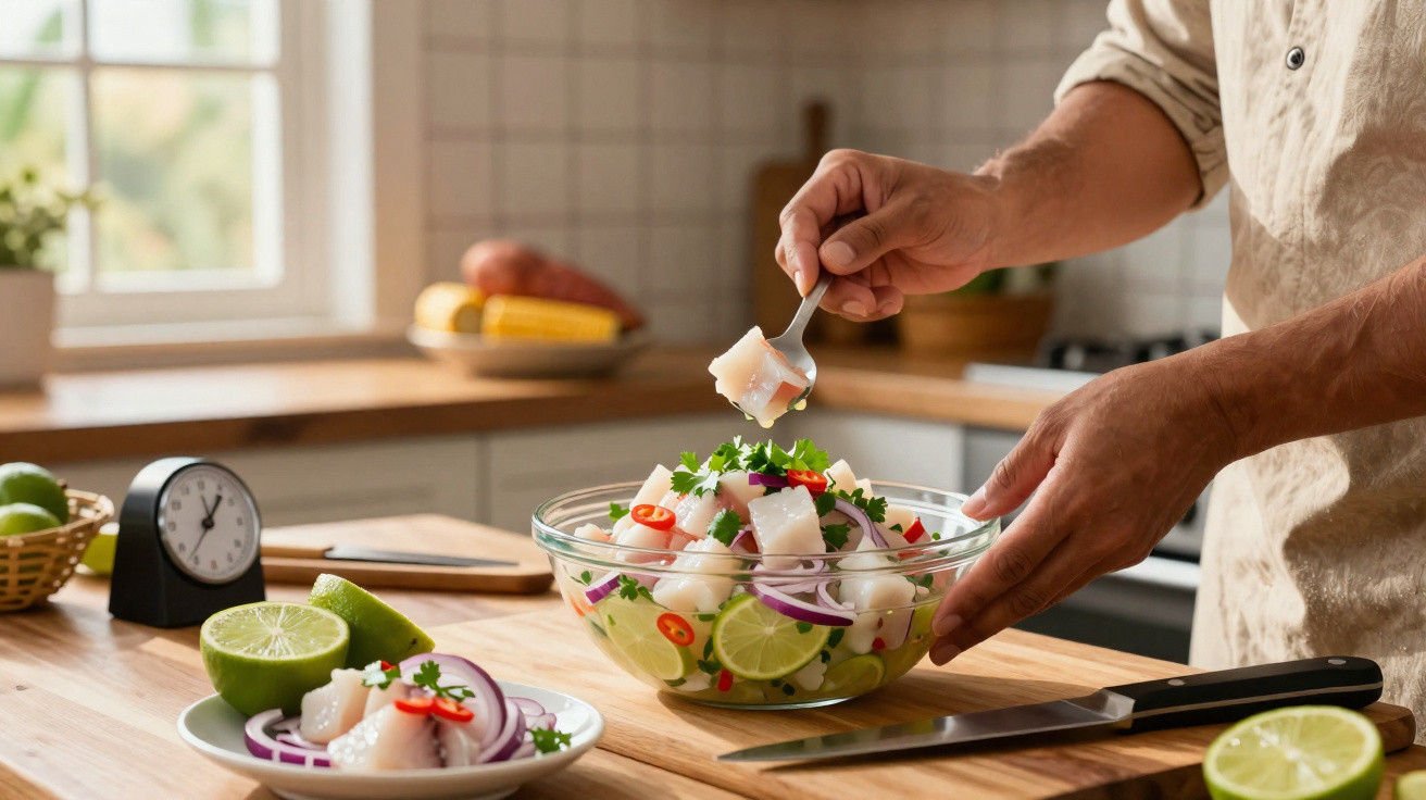 Pessoa a preparar salada fresca com peixe, limão, cebola roxa e pimentos numa cozinha iluminada.