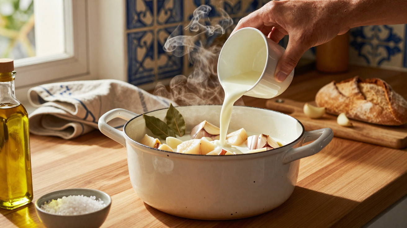 Mão a verter leite numa panela com batatas e folhas de louro numa cozinha iluminada.