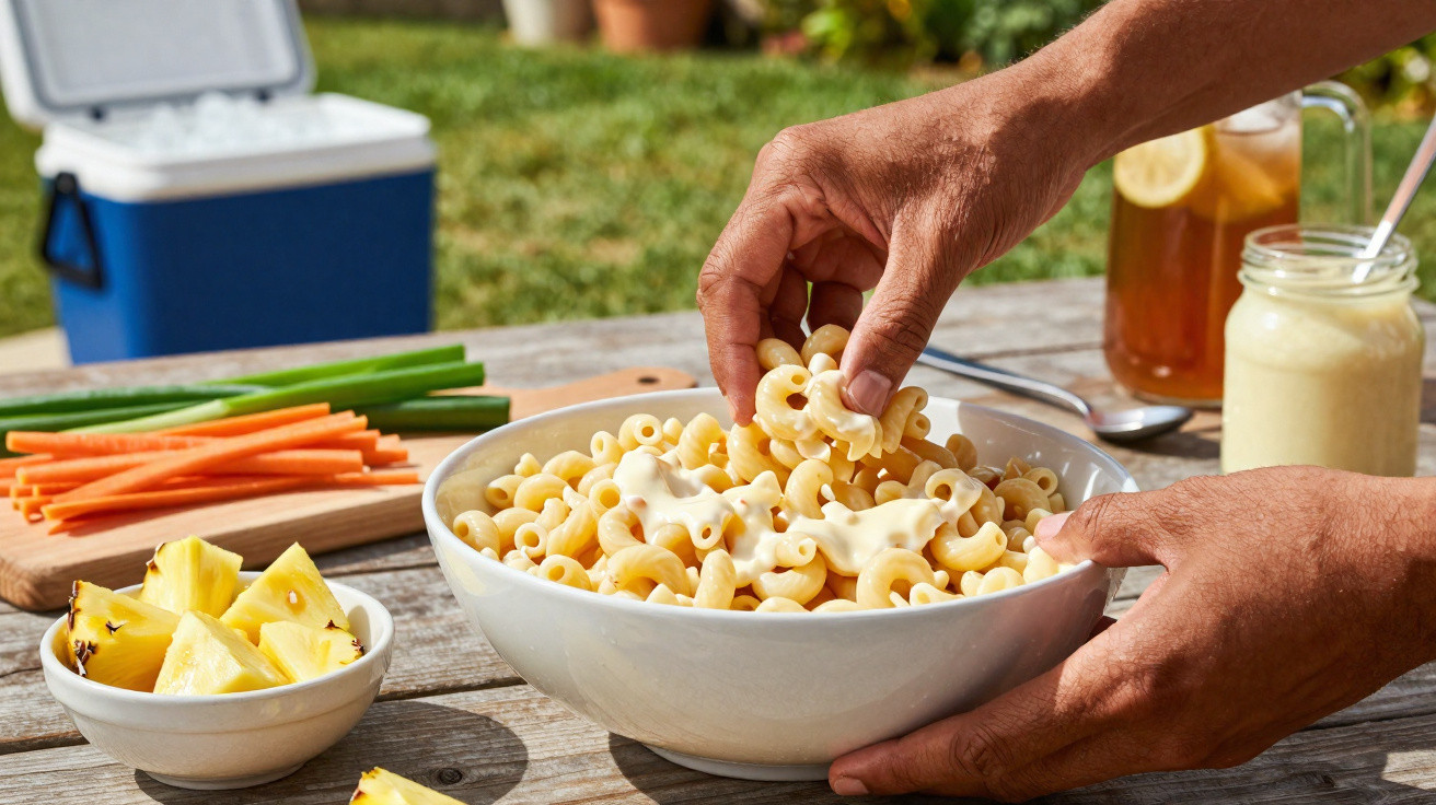 Mãos a servir massa com molho numa tigela, com legumes cortados e ananás numa mesa ao ar livre.