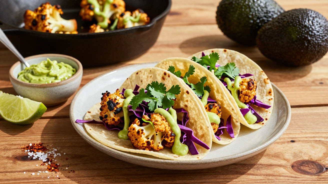 Três tacos com couve-flor grelhada, repolho roxo, molho verde e coentros num prato cerâmico.
