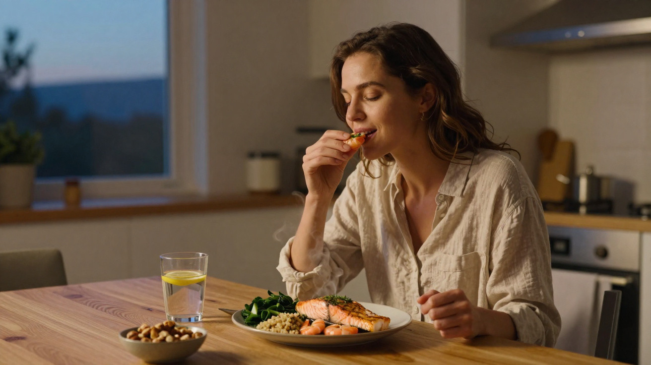 Mulher a saborear uma refeição saudável com salmão, arroz, vegetais e água com limão numa cozinha moderna.